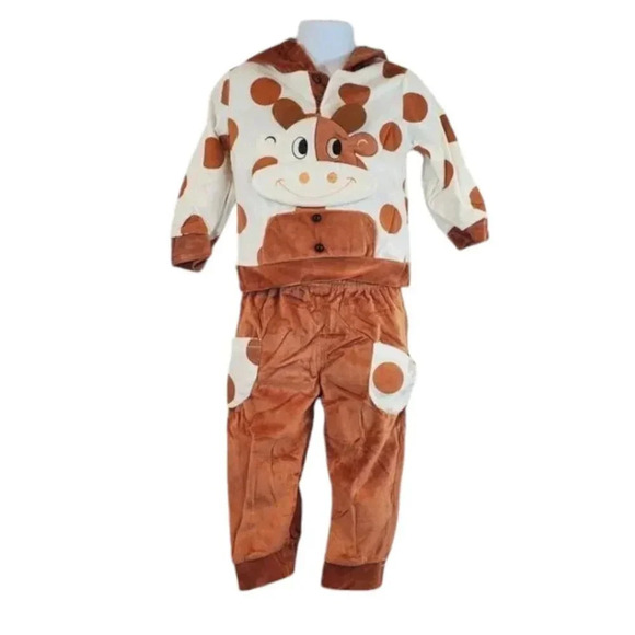 9-12M -Super Soft Brown and White Cow 2 piece Velvet with Hooded Ears Baby  Set - Picture 1 of 9